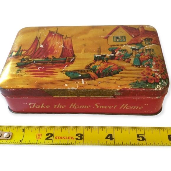 Blue Bird Toffee Tin Boat Village Design Hinged England Vtg Harry Vincent Candy. - Picture 2 of 16